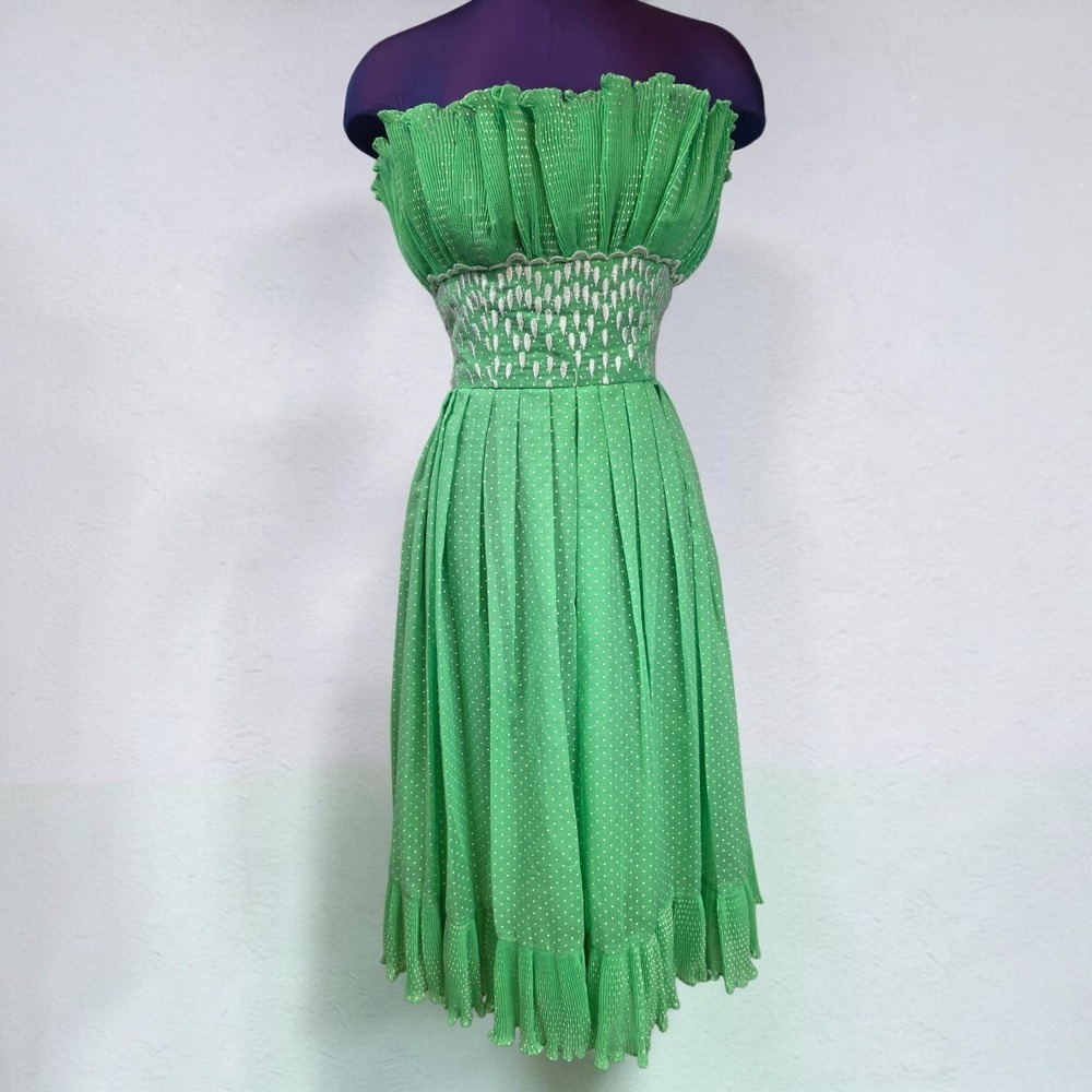 Victor Costa Vintage 70s Strapless Green Polka Dot Pleated Cocktail Dress 8